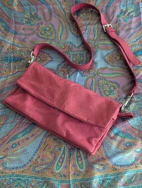 L.K. Berlin Fold-Over Crossbody Leather Bag in Rose Pink